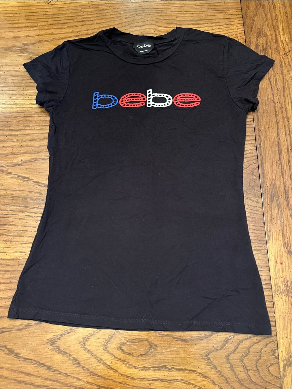 bebe Black Logo Graphic Tee‎ - Red, White & Blue Logo, size small